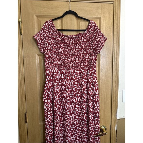 Milkmaid Floral Maxi Dress Red Smocked Cottagecore Front Splits 18/20 - Picture 6 of 6